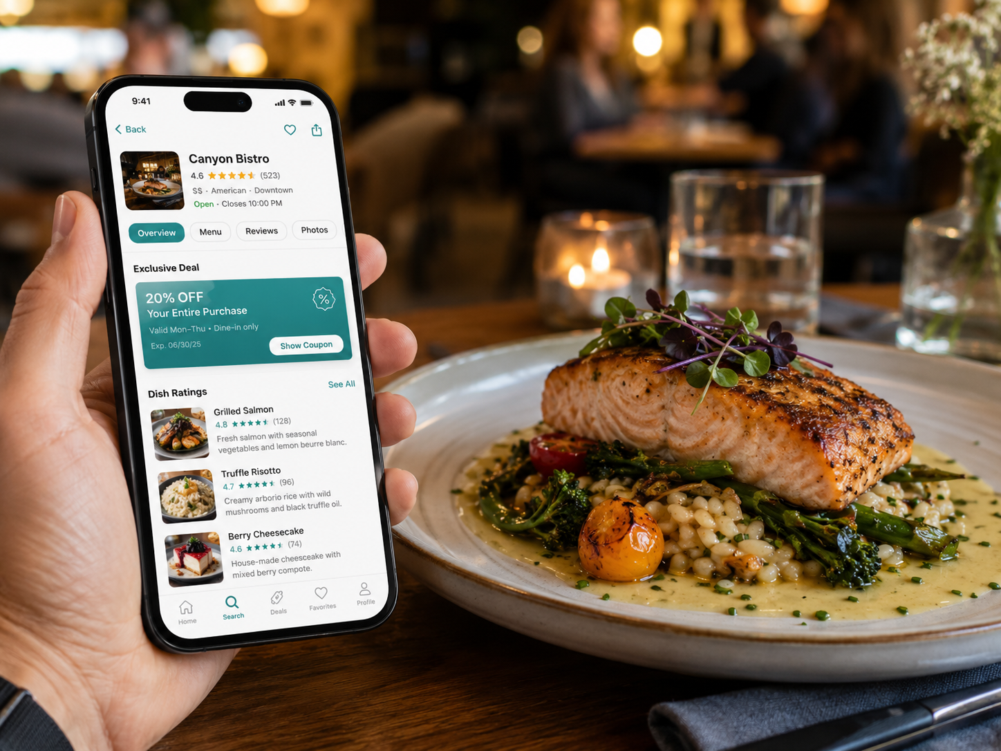 Restaurant coupon and dish rating app preview